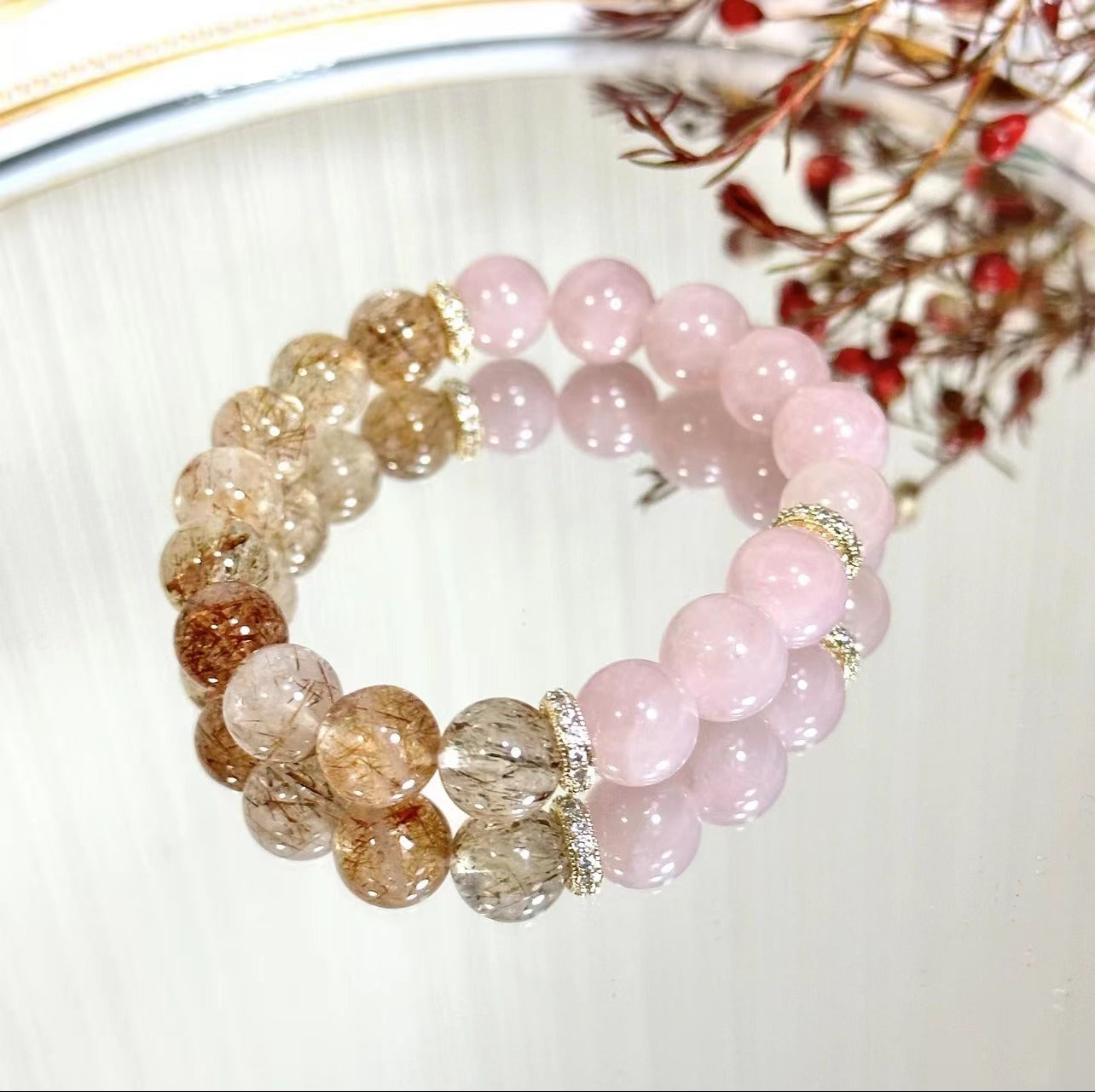 【Premium Bracelet】Finished Natural Crystal Bracelet- Rose Quarz& Black Super 7 Crystal